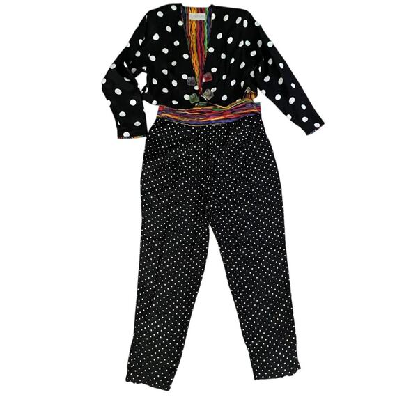 Vintage 80s Set Medium Blazer Pant Set Polka Dot Medium Rainbow Jacket Boho USA - Picture 7 of 16
